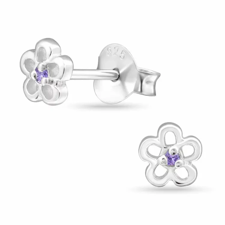 Blommor lila örhängestift i silver