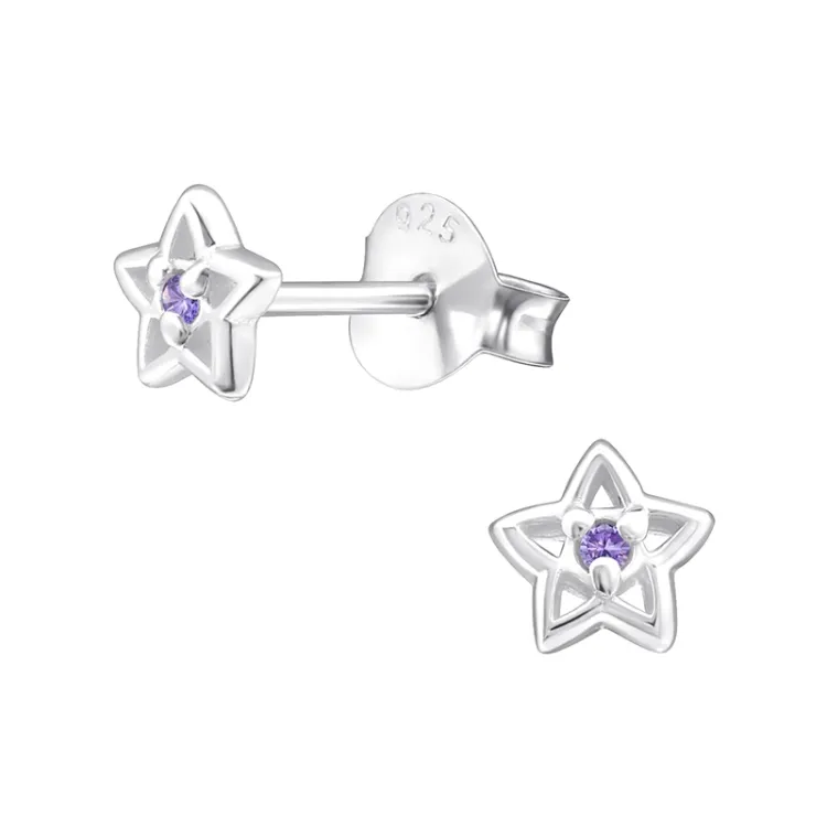 stjärna lila örhängestift i silver - Little Ones