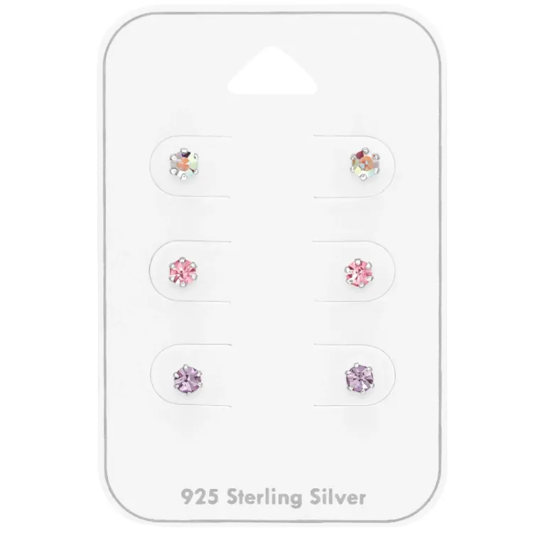 3 mm rosa kristal örhängestift i silver - Little Ones
