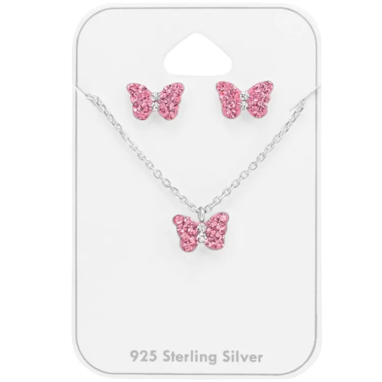 fjärilar rosa set med örhängen och halsband i silver - Little Ones