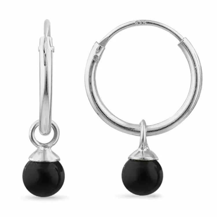 12 mm svarta onyxer creol i silver - Loom Stones