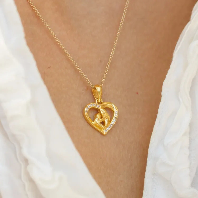 hjärta mor och barn halsband i förgyllt silver med hängen i förgyllt silver