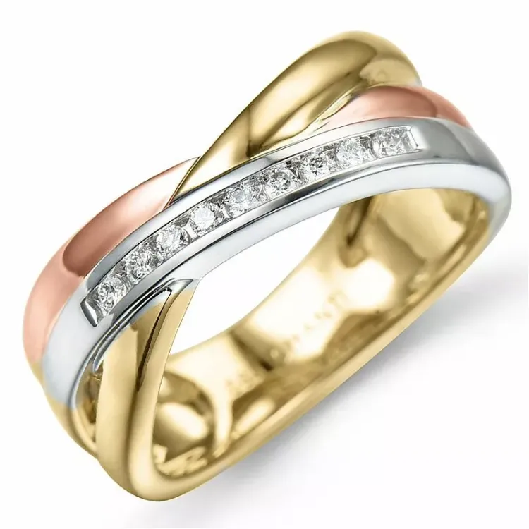 abstrakt diamant ring i 14 karat gul-, vit- och rödguld 0,09 ct