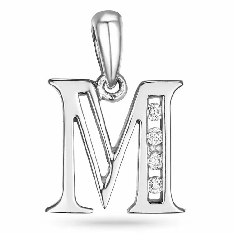 bokstav m diamantberlocker i 14 carat vitguld 0,04 ct