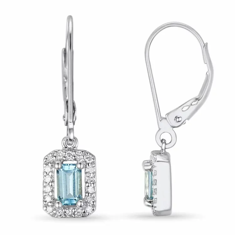 långa fyrkantigt blå topas örhängen i 14 karat vitguld med diamant och topas