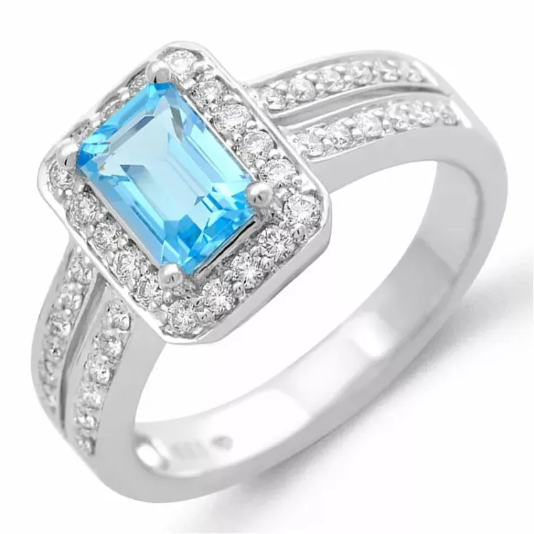 fyrkantigt blå topas diamantring i 14  karat vitguld 0,43 ct 1,20 ct