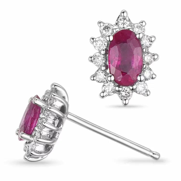 granat rosettörhängestift i 14 karat vitguld med diamant och granat