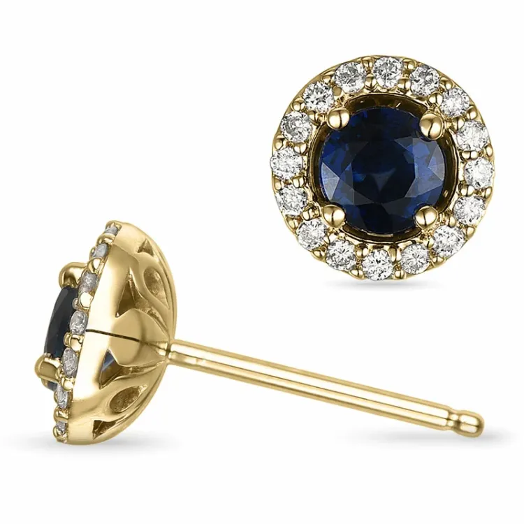 runda safir örhängestift i 14 karat guld med diamant och safir