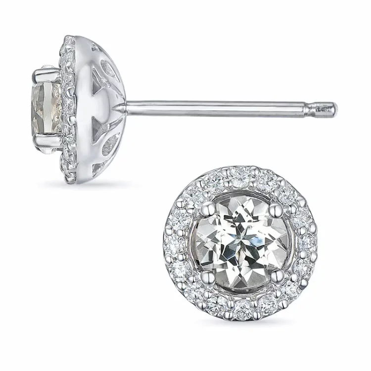 runda kvarts örhängestift i 14 karat vitguld med diamant och kvarts
