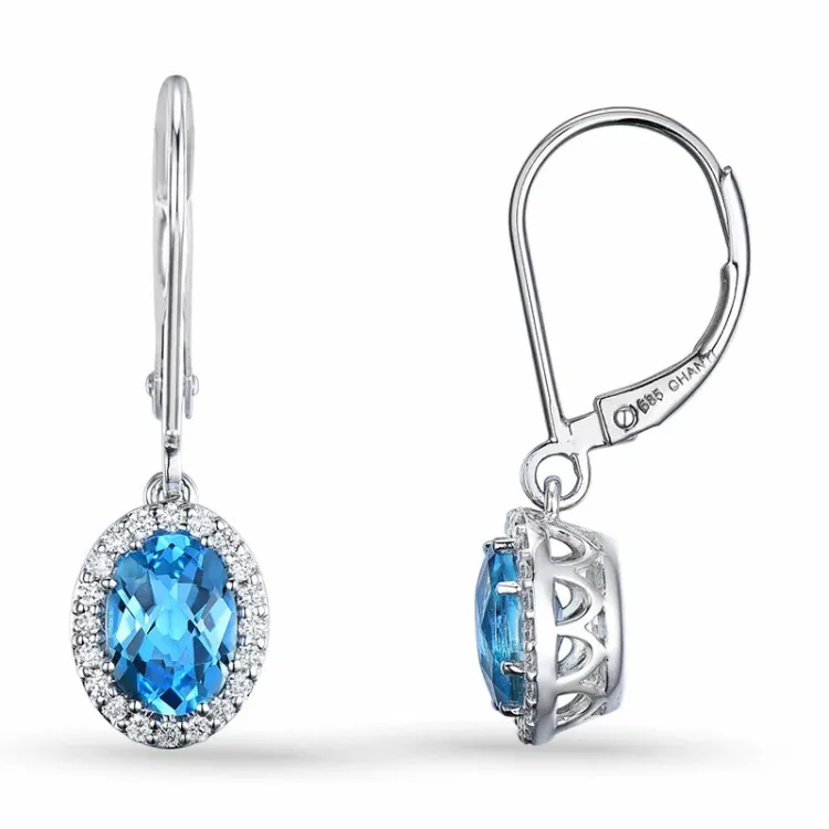 långa ovala topas örhängen i 14 karat vitguld med diamant och topas 