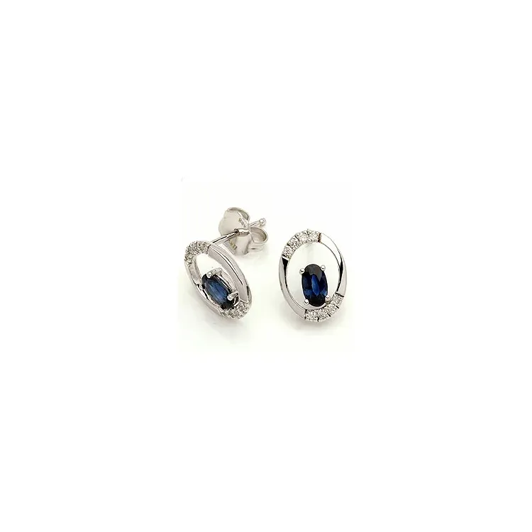 ovala safir örhängestift i 14 karat vitguld med diamant och safir 