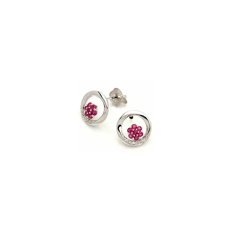 runda blommor rubin örhängestift i 14 karat vitguld med diamant och rubin 