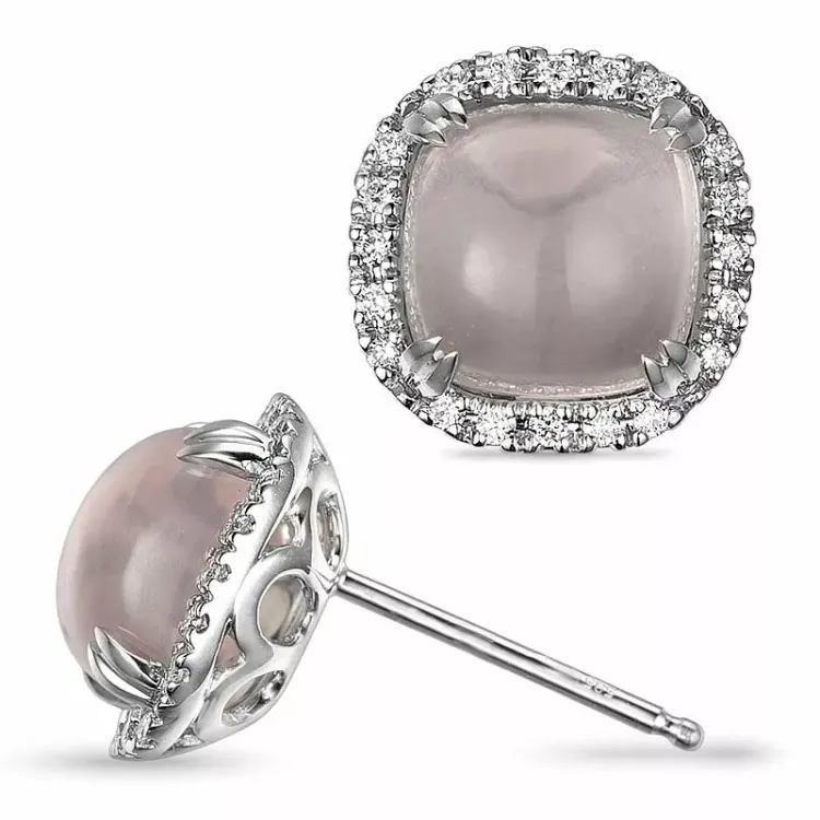 fyrkantigt rosa kvarts örhängestift i 14 karat vitguld med diamant och kvarts