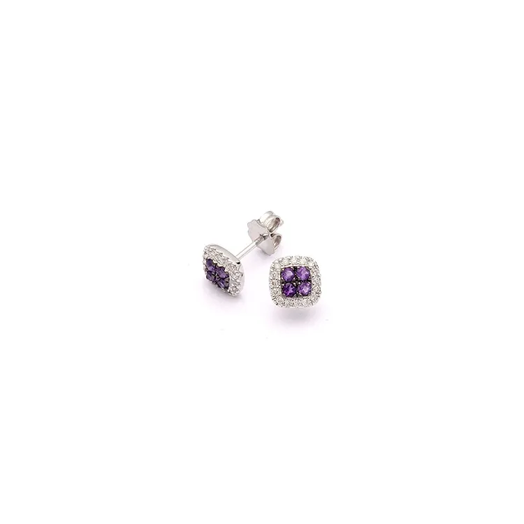fyrkantigt lila ametist diamantörhängen i 14 karat vitguld med diamant och ametist