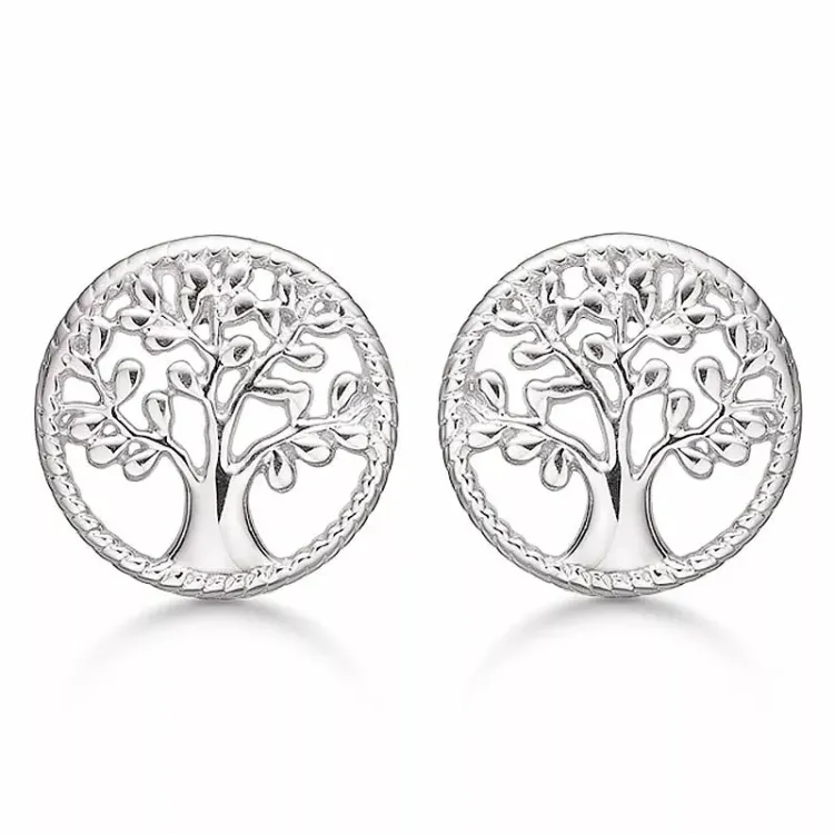 12 mm støvring design livets träd örhängen i rhodinerat silver