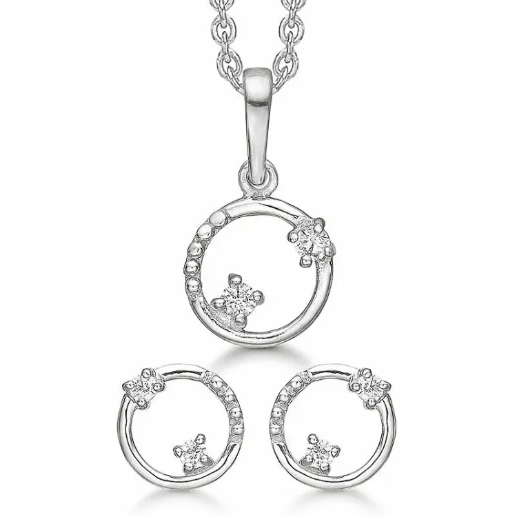 Støvring design zirkon set med örhängen och halsband i rhodinerat silver vit zirkon