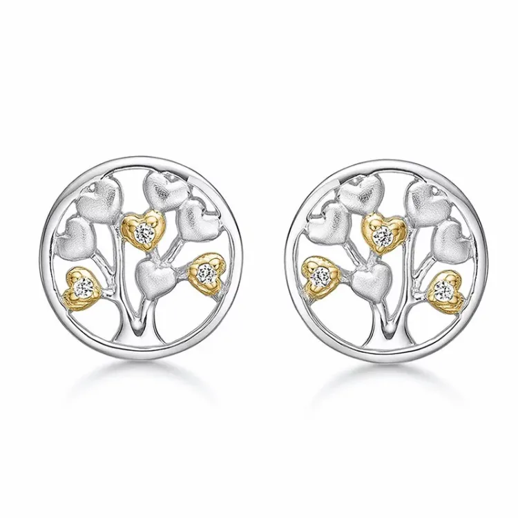 12 mm Støvring Design livets träd zirkon örhängen i förgyllt silver med rhodinerat silver vit zirkon