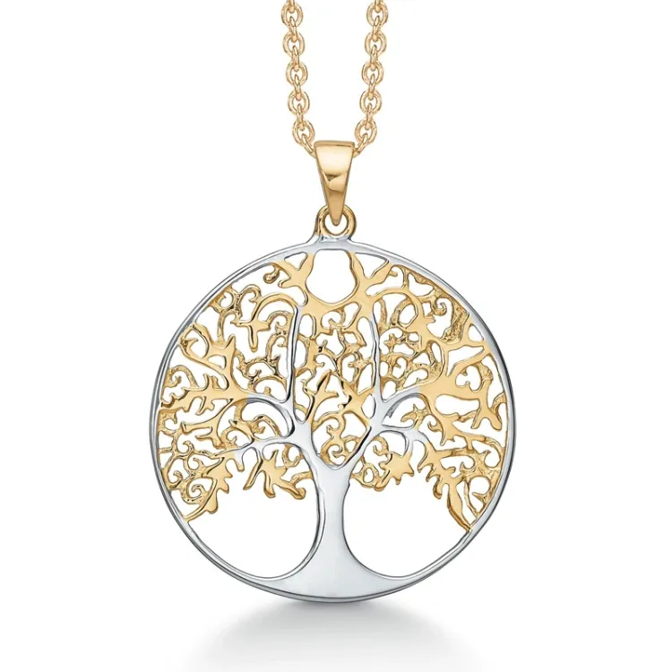 Støvring Design livets träd halskedja med berlocker i förgyllt silver med rhodinerat silver