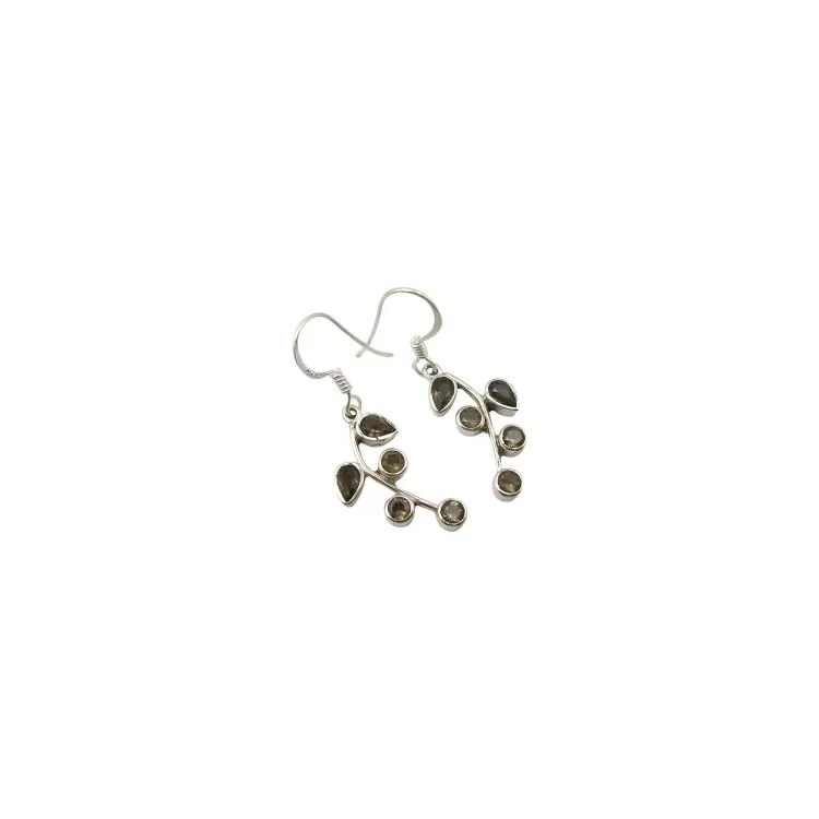 Hänga blad bruna kvarts örhängen i oxiderat sterlingsilver