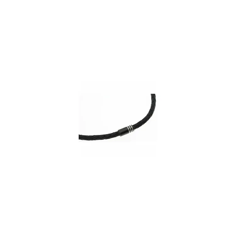 Flätat halsband i sort läder med stål lås  x 4,4 mm