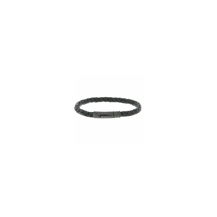 Flätat armband i sort läder med stål lås x 5,7 mm