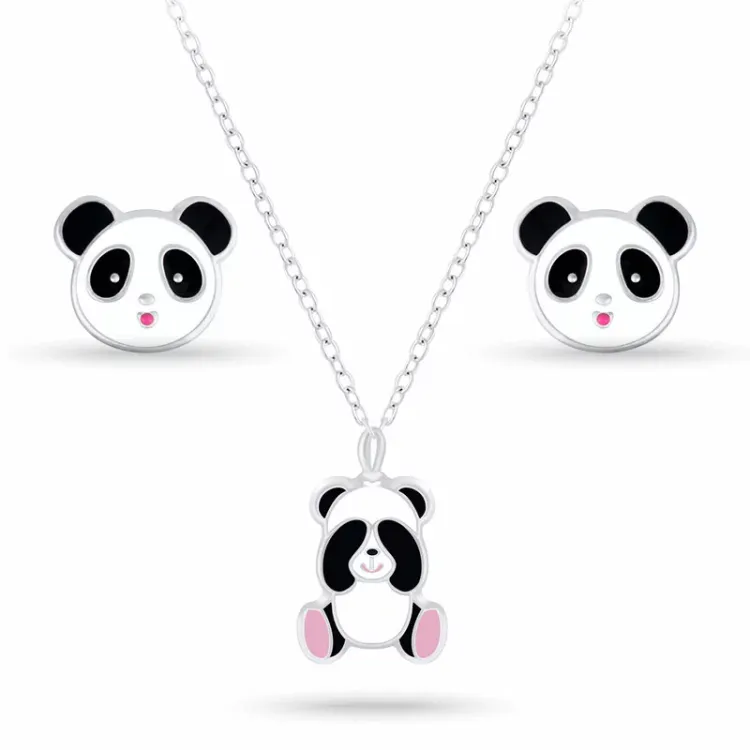 panda set med örhängen och halsband i silver vit emalj sort emalj rosa emalj - Little Ones