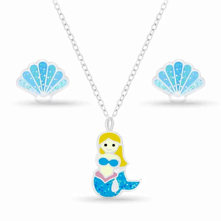 sjöjungfru set med örhängen och halsband i silver blå emalj vit emalj sort emalj gul emalj rosa emalj - Little Ones