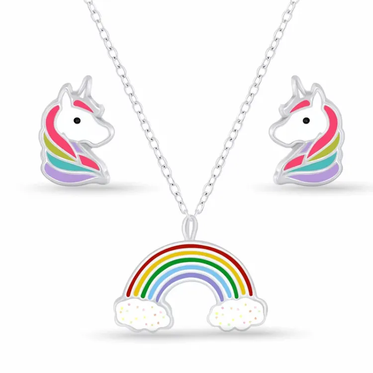 enhörning set med örhängen och halsband i silver multifärgat emalj - Little Ones