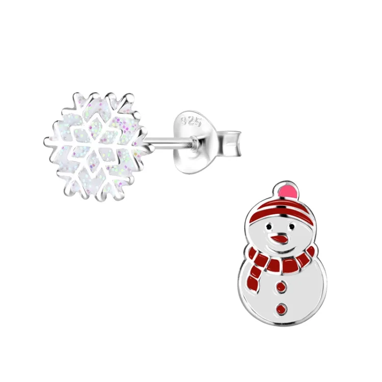 snögubbe emalj barnörhängen i silver - Little Ones