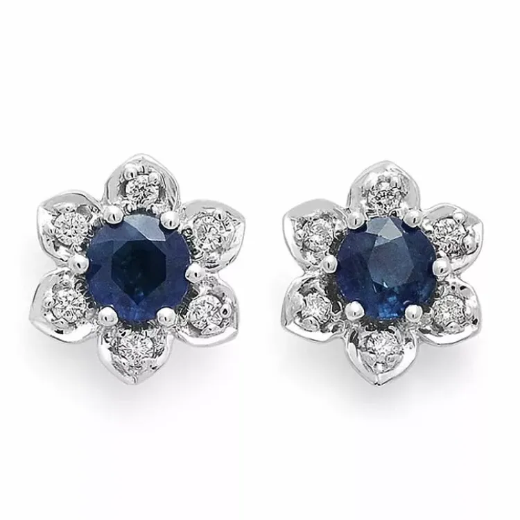 Blommor blå safir örhängestift i 14 karat vitguld med diamanter och safirer 