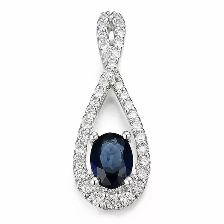 droppformad blå safir diamantberlocker i 14 carat vitguld 0,455 ct