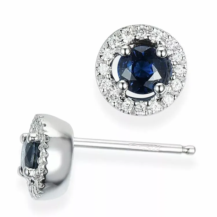 runda blå safir diamantörhängen i 14 karat vitguld med diamant och safir