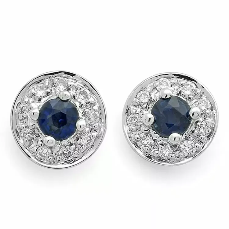 runda blå safir briljiantöronringar i 14 karat vitguld med diamant och safir