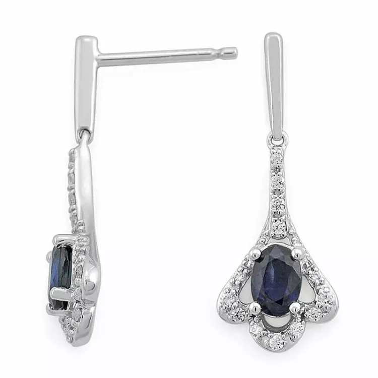långa blå safir diamantörhängen i 14 karat vitguld med diamant och safir