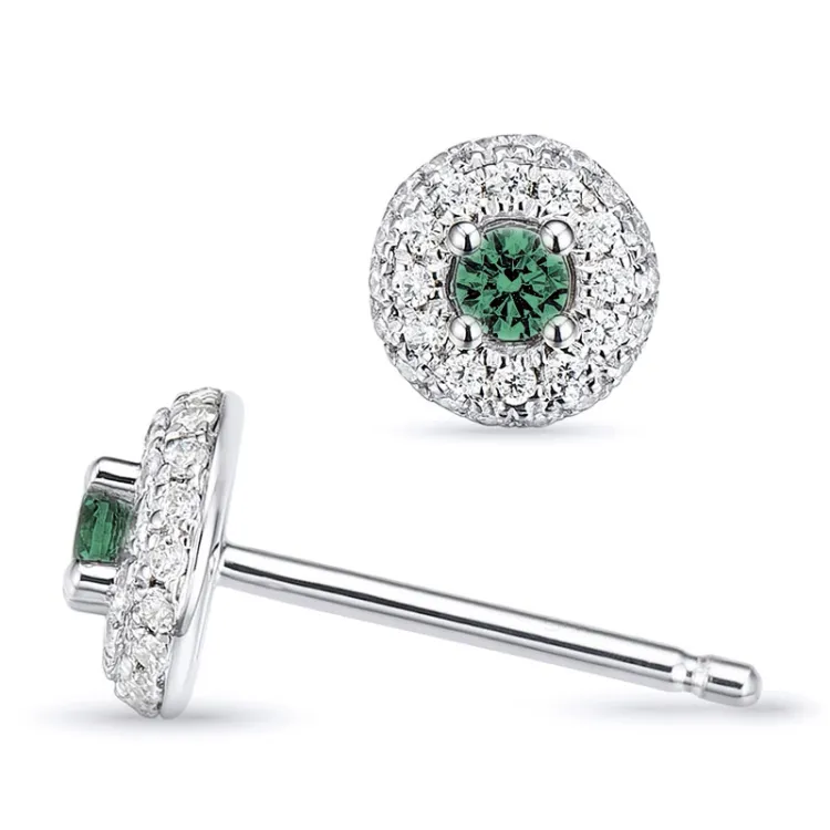 runda smaragd diamantörhängen i 14 karat vitguld med smaragd och diamant