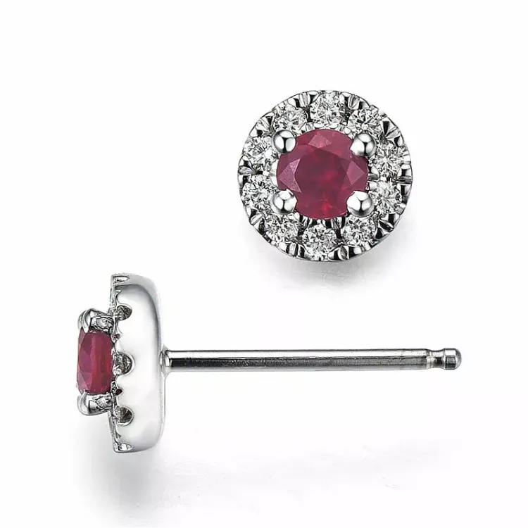 runda röda rubin örhängestift i 14 karat vitguld med diamant och rubin