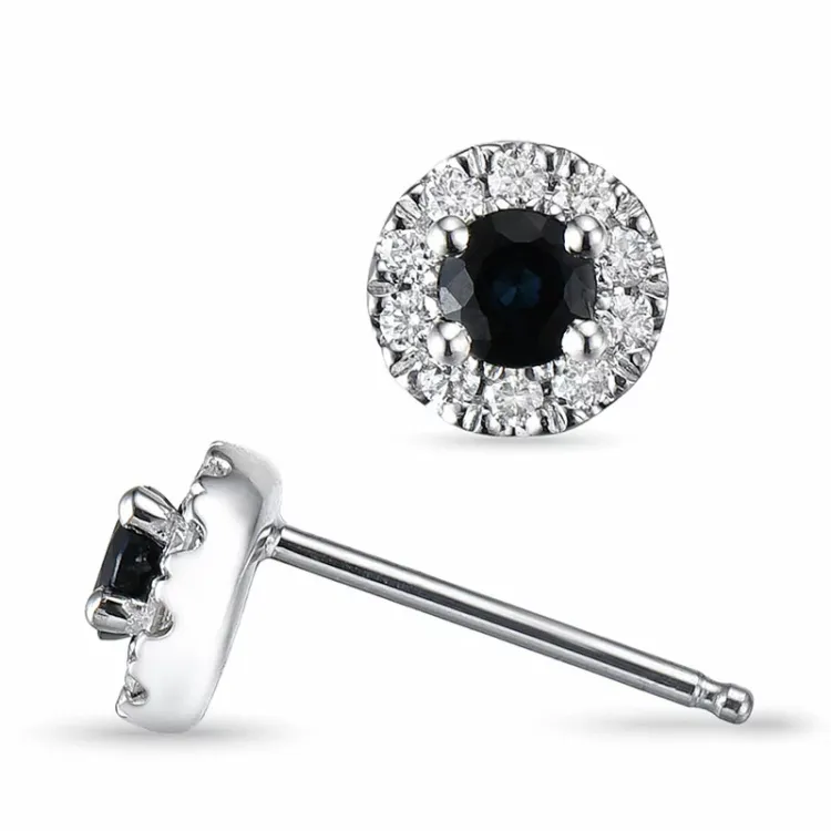 runda blå safir örhängestift i 14 karat vitguld med diamant och safir