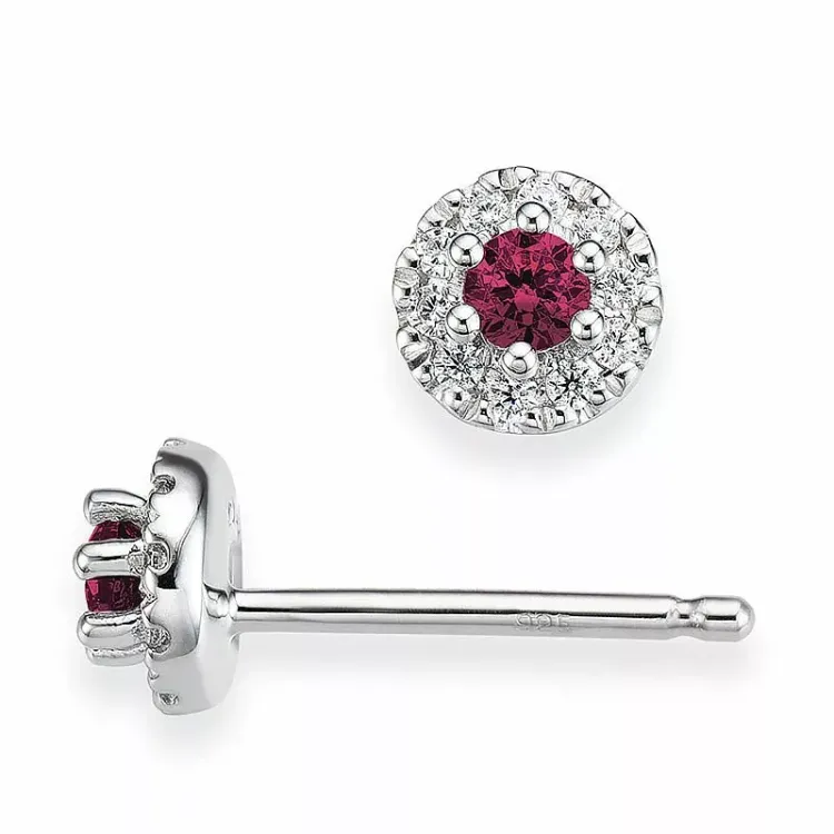 runda röda rubin örhängestift i 14 karat vitguld med diamant och rubin 