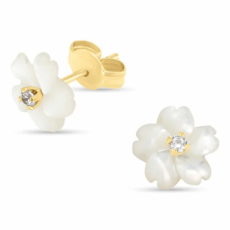 blommor örhängen i 9 karat guld med zirkon och pärlemors - Gold Collection