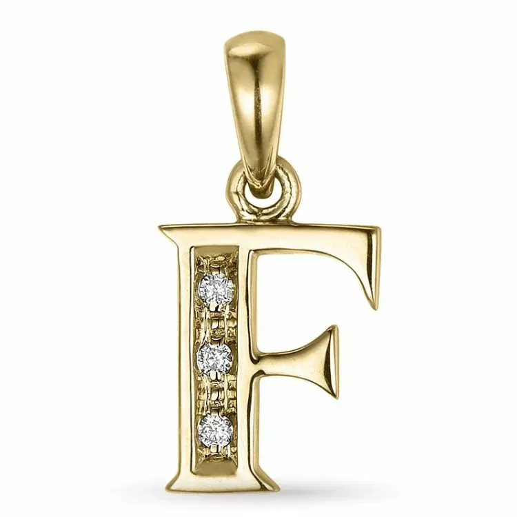 bokstav f diamantberlocker i 9 carat guld 0,02 ct