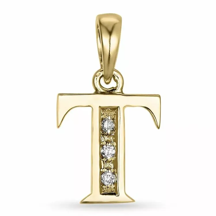 bokstav t diamant hängen i 9 carat guld 0,02 ct