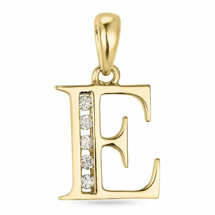 bokstav e diamant hängen i 9 carat guld 0,05 ct