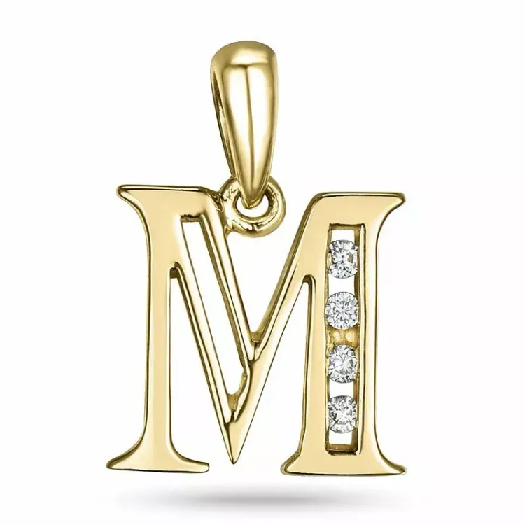 bokstav m diamant hängen i 9 carat guld 0,04 ct