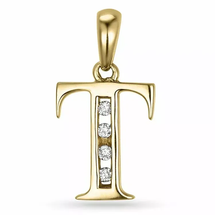 bokstav t diamant hängen i 9 carat guld 0,04 ct