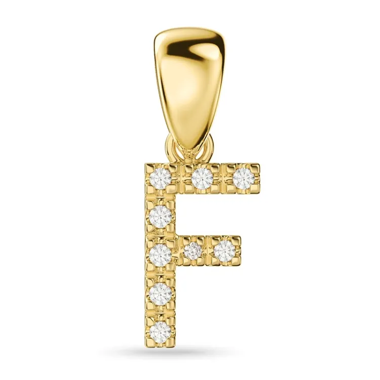 bokstav f diamant hängen i 9 carat guld 0,06 ct