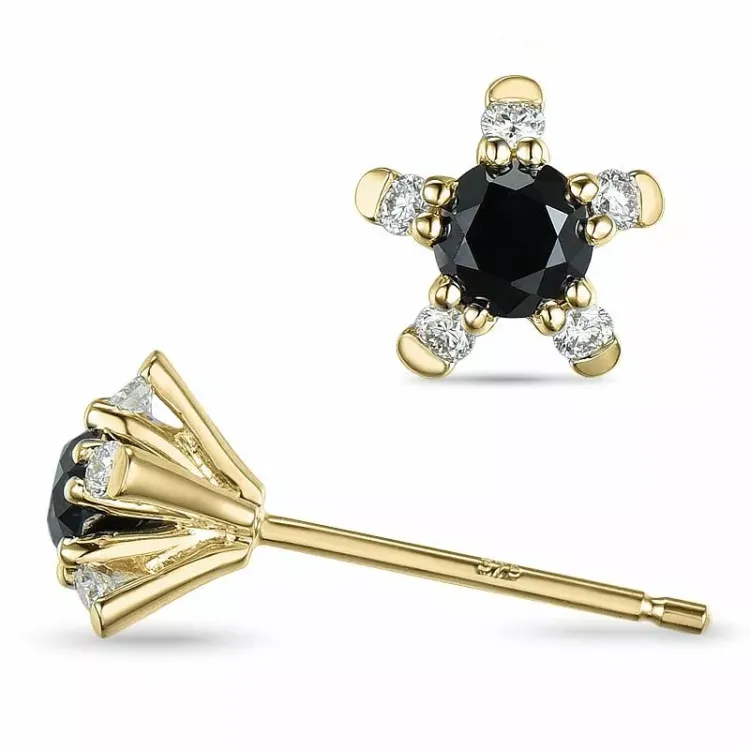 blommor svarta diamant örhängestift i 9 karat guld med diamant och svart diamant