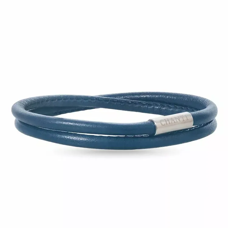 Rund blå armband i läder med stål lås x 4 mm