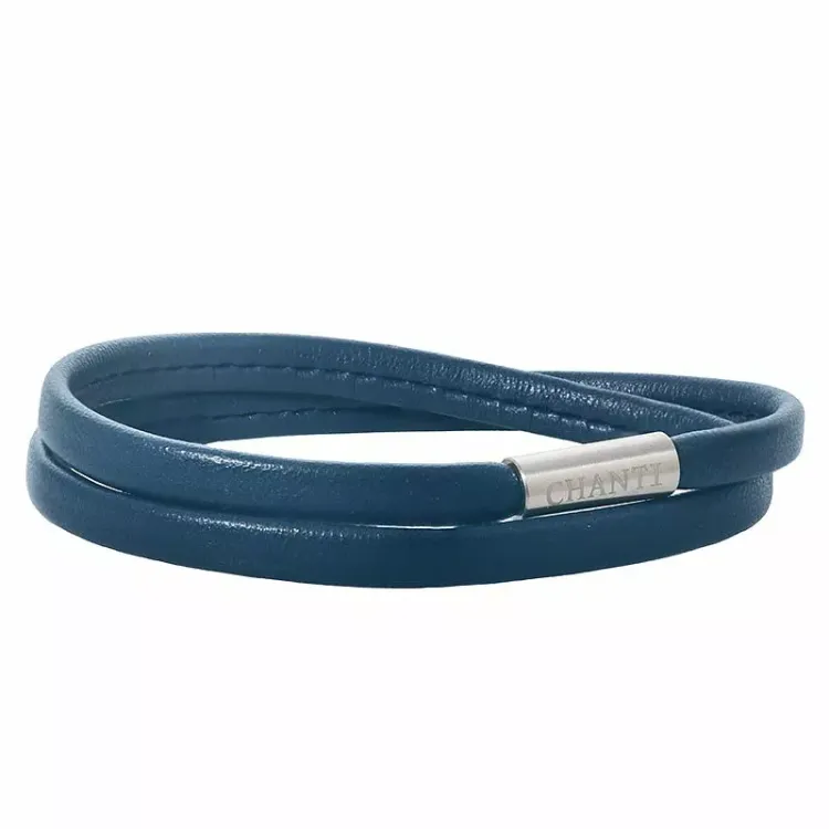 Platt blå armband i läder med stål lås  x 6 mm