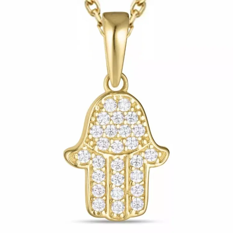 Hamsas hand zirkon halsband i förgyllt silver med hängen i 9 karat guld - Gold Collection