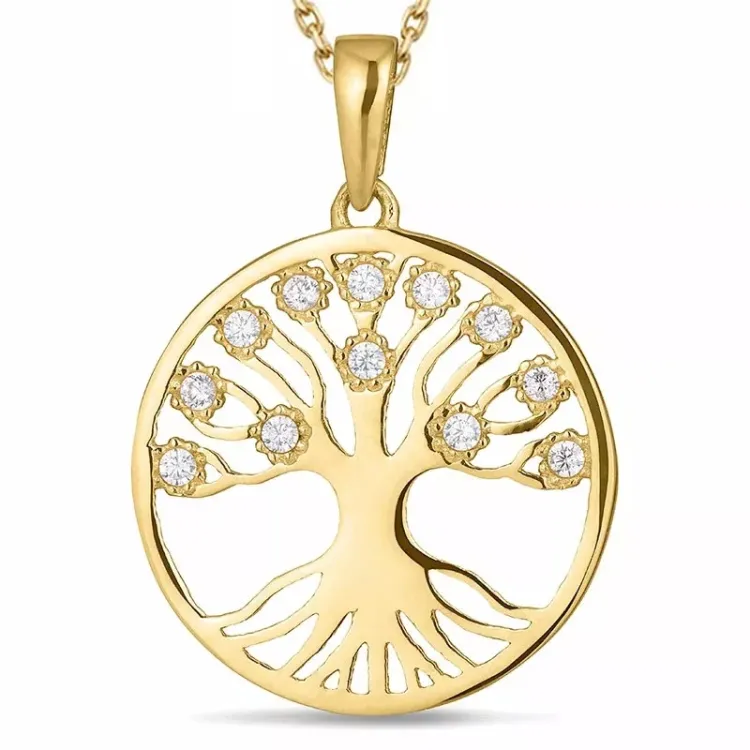 livets träd zirkon halsband i förgyllt silver med hängen i 8 karat guld - Gold Collection